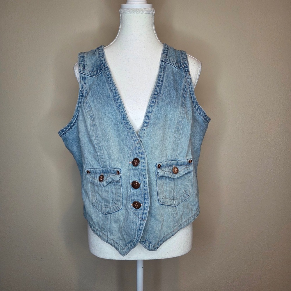 Vintage Y2K Bill Blass Jeanswear Light Wash Denim Vest XL Adjustable Back Snap